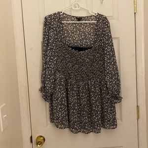 Black & White Floral Chiffon Smocked Babydoll Blouse